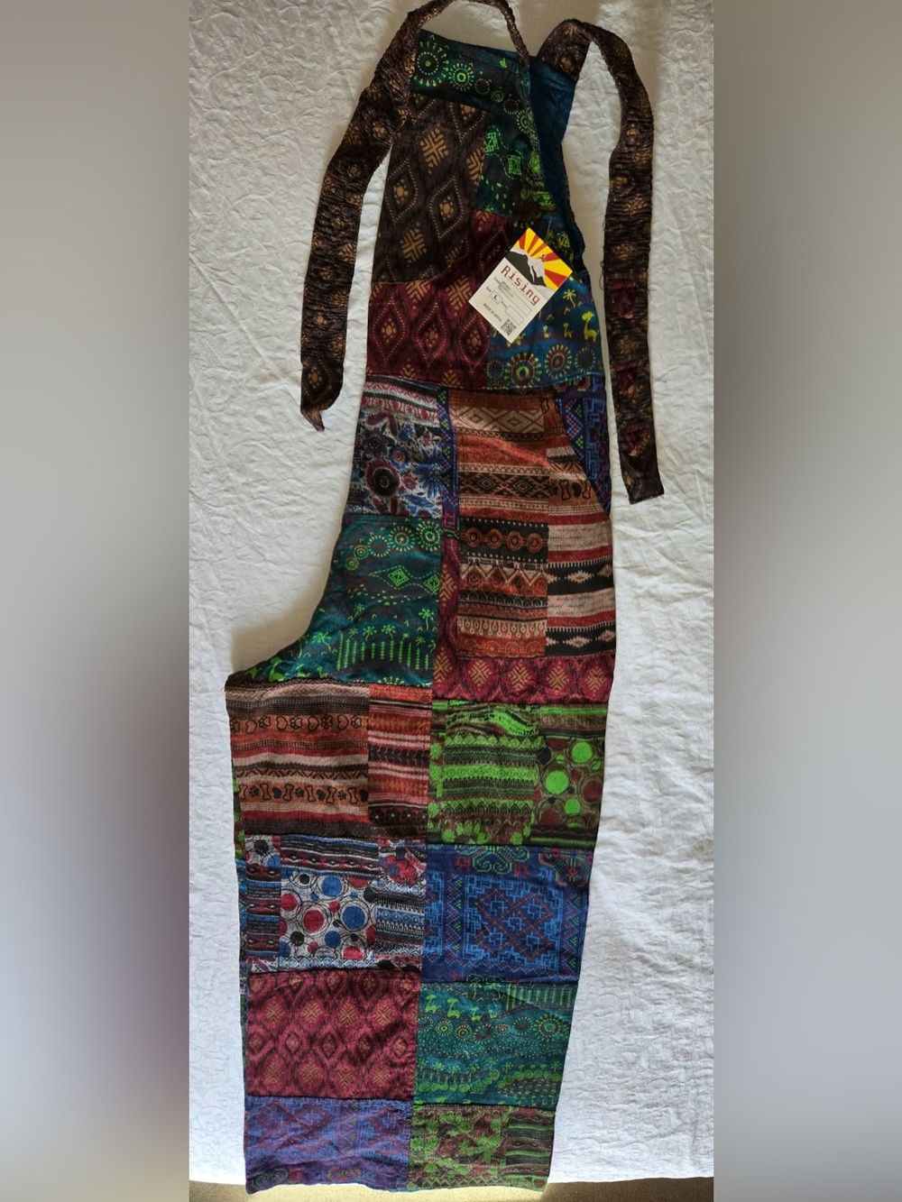 Rising International Patchwork Overalls Wide Leg Boho Festival Jumpsuit Sz L NWT